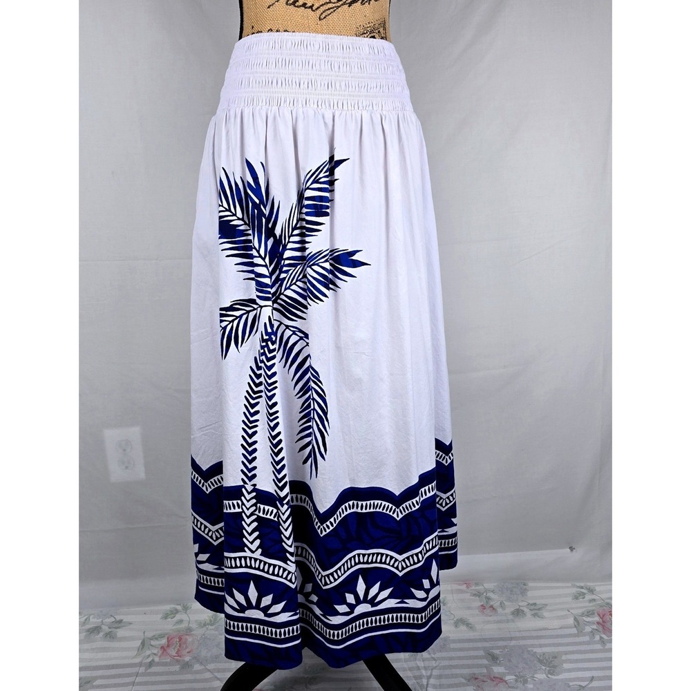 Chicos White Maxi Skirt Blue Palm Tree Tropical Smocked Alabaster US M. Size 1